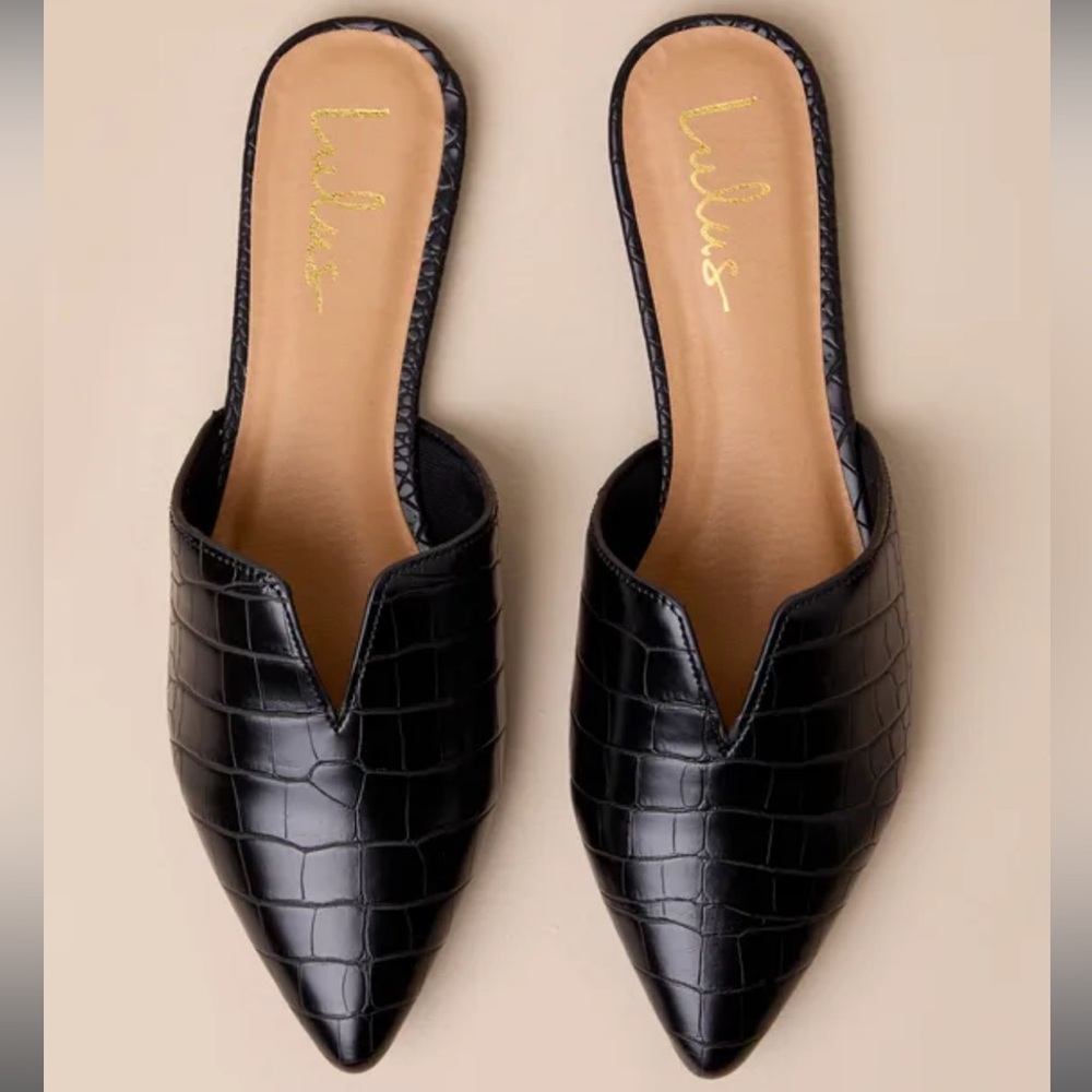 Lulus Black Crocodile Embossed Pointed Toe Slides